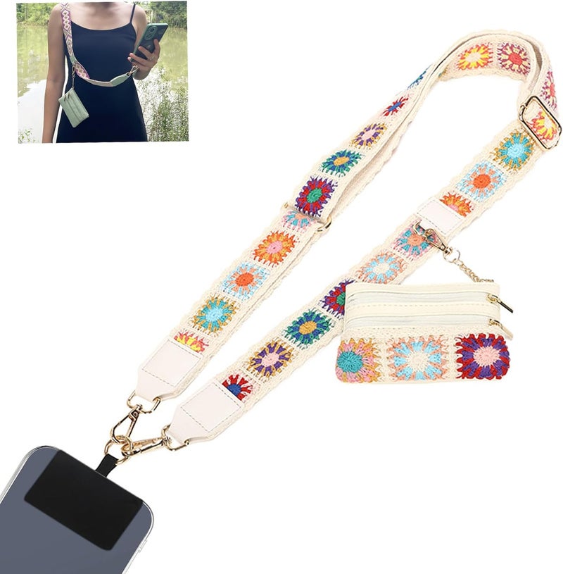 SCINYMC Phone Lanyard Crossbody Wrist Strap, Crossbody Phone Strap with Zippered Pouch, Clip and Go Straps for Phone, Adjustable iPhone Straps with Wallet, White Embroidery - Image 1